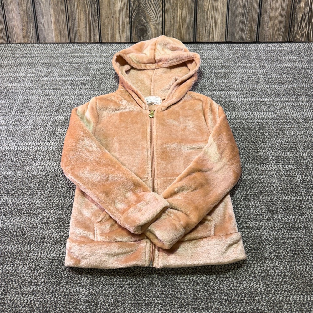 btween Girls Peach Faux Fur Zip Up Hoodie Gold Heart Pull Size 7 EUC